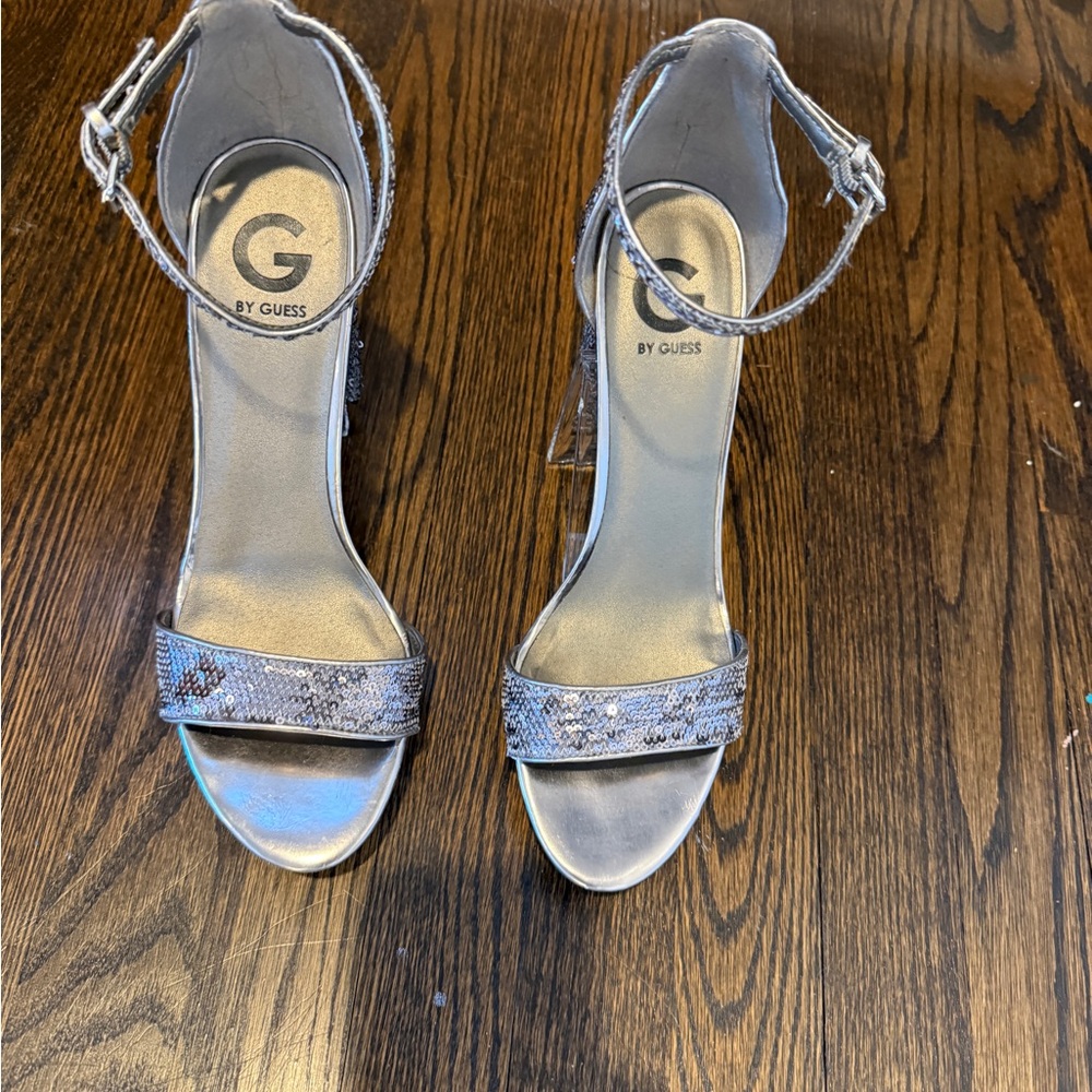 Guess Silver Stiletto Heels with Ankle Straps